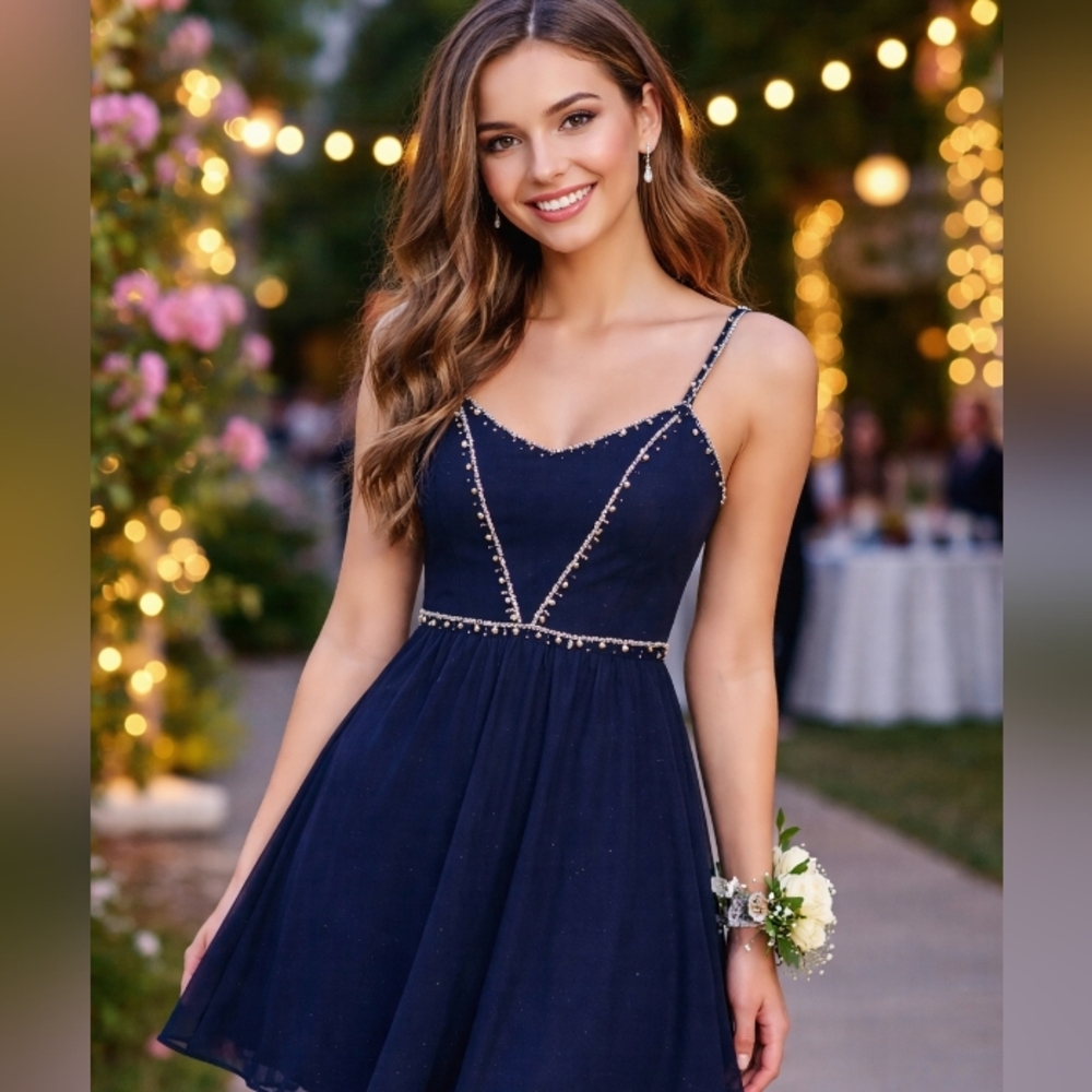 Chiffon Cocktail Prom Navy Blue Lined Dress Size L Amber Sequins Zip